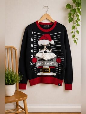 Bad Santa Ugly Christmas Sweater Mug Shot 3D Beard Pompom Graphic Mens Sz L Xmas